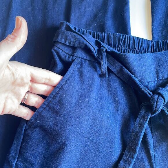 J. CREW 55% Linen 45% Cotton Navy Pull On Pants Tie Belt Side Pockets Wide Leg 2 - Picture 3 of 13